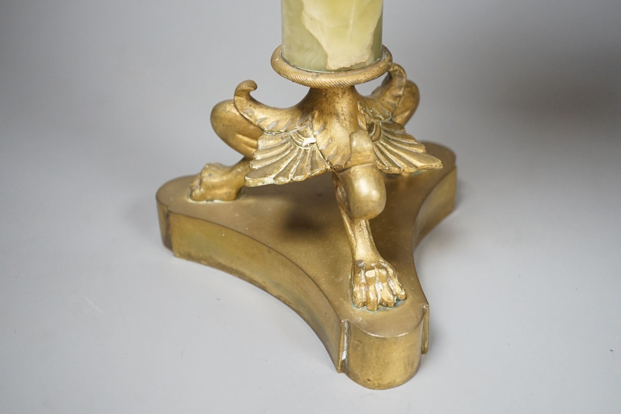A French gilded bronze and green onyx oil lamp (converted to electricity later), 84 cms including light fitting.